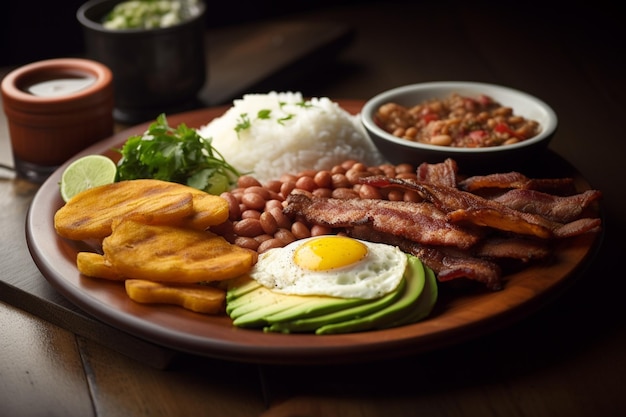 Un piatto di cibo con banana, avocado e fagioli.