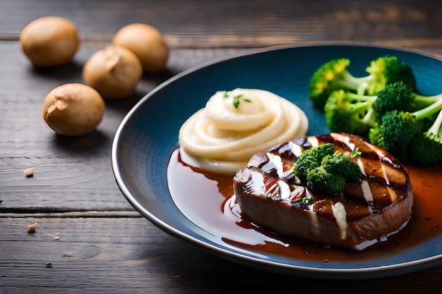 un piatto di cibo con broccoli e patate su un tavolo di legno.