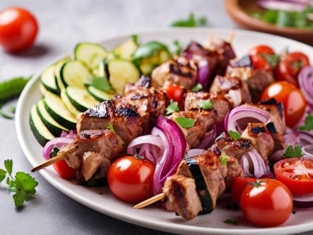 un piatto di cibo con carne e verdure alla griglia