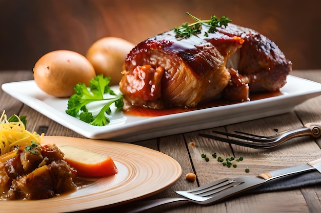 un piatto di cibo con carne e verdure su un tavolo di legno