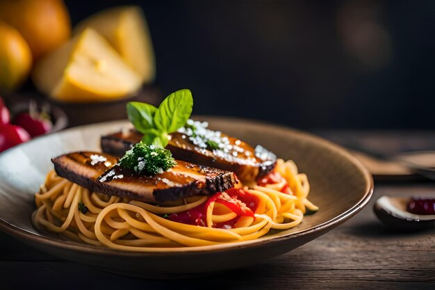 un piatto di cibo con carne, verdure e formaggio