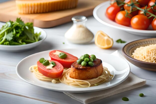 un piatto di cibo con carne, verdure e formaggio