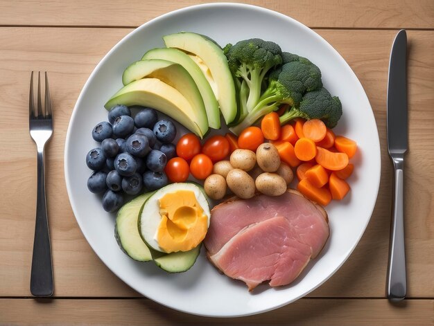 un piatto di cibo con carne, verdure e frutta sopra