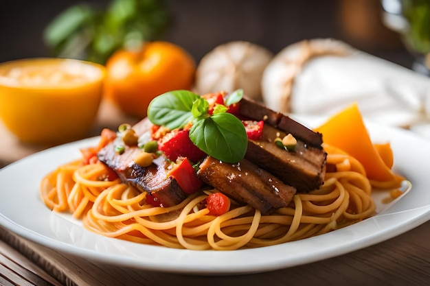 un piatto di cibo con carne, verdure e limoni.