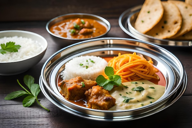 Un piatto di cibo con diversi piatti tra cui pollo e riso.