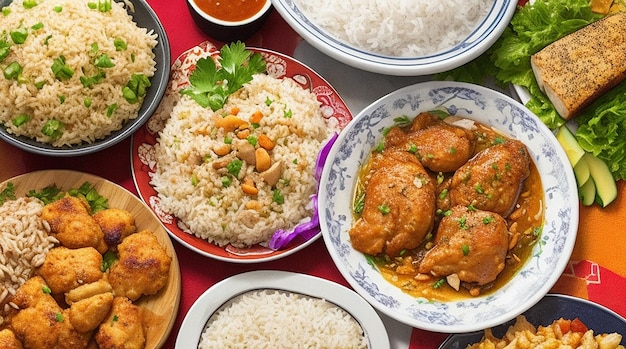 Un piatto di cibo con diversi piatti tra cui riso al pollo e altri alimenti