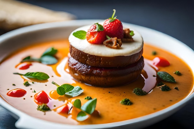 un piatto di cibo con fragole e panna