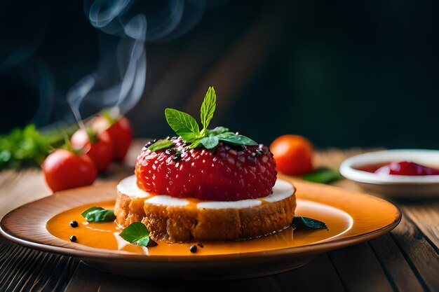 un piatto di cibo con fragole e un piatto con fragole su di esso