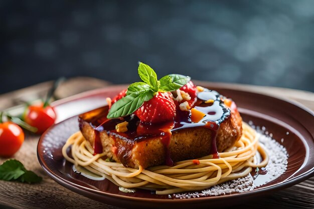 un piatto di cibo con fragole e una fragola sopra