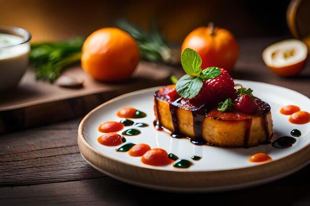 un piatto di cibo con frutta e un frutto su di esso