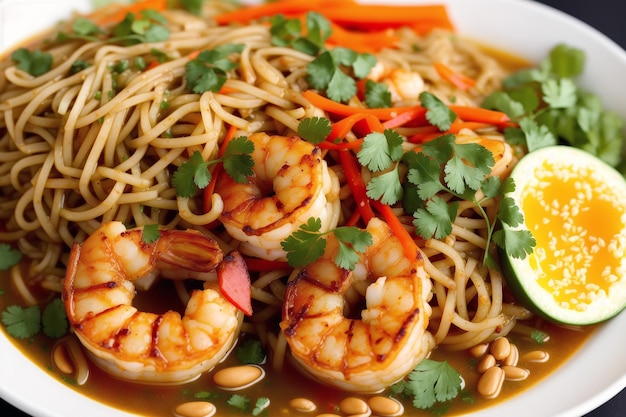 Un piatto di cibo con gamberi e tagliatelle e pinoli