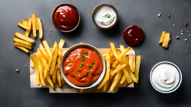 Un piatto di cibo con ketchup e una ciotola di ketchup sopra