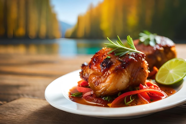 Un piatto di cibo con l'immagine di un lago sullo sfondo