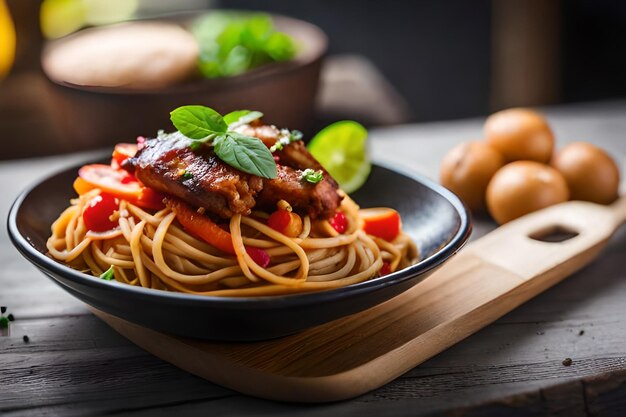 un piatto di cibo con noodles e verdure