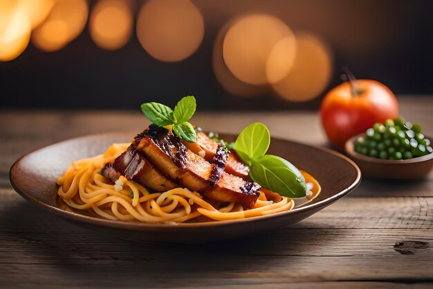 un piatto di cibo con pancetta e verdure su un tavolo di legno.