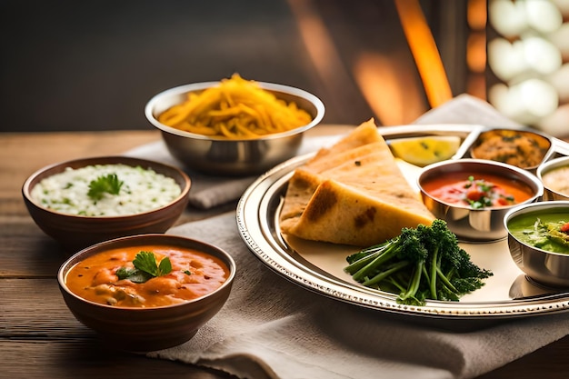 Un piatto di cibo con pane naan e una ciotola di naan sul tavolo