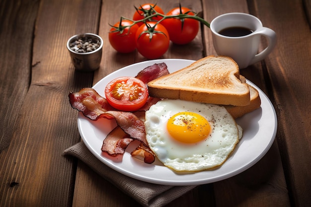 Un piatto di cibo con pane tostato, pancetta e pomodoro