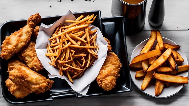 Un piatto di cibo con patatine e un piatto di patatine fritte