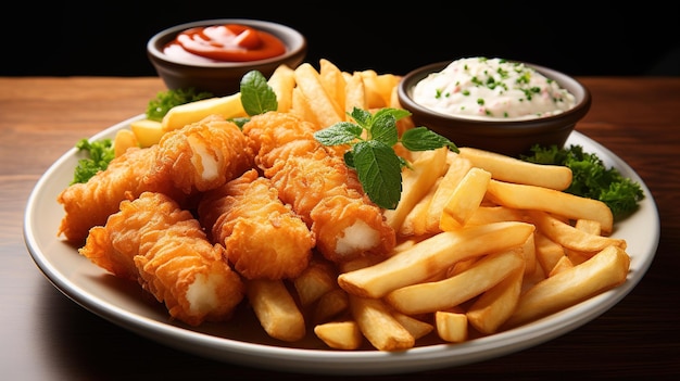 Un piatto di cibo con patatine fritte e ketchup