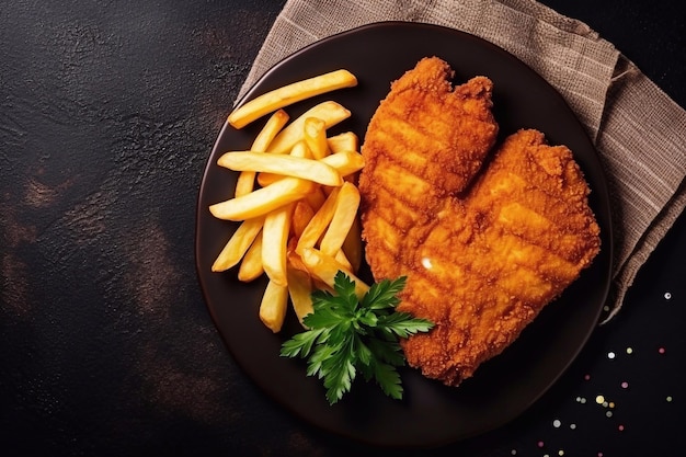 un piatto di cibo con patatine fritte e un pezzo di carne