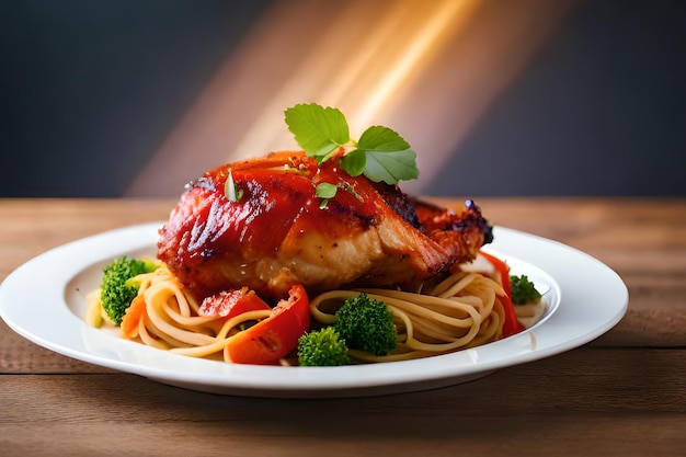 Un piatto di cibo con petto di pollo e spaghetti sul lato