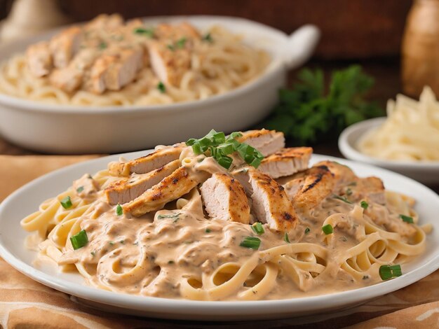 un piatto di cibo con pollo e pasta.