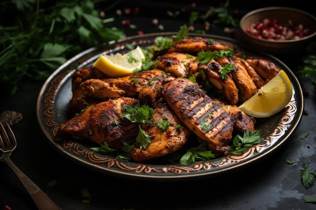 un piatto di cibo con pollo e verdure