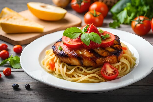 Un piatto di cibo con pollo, pomodoro e verdure