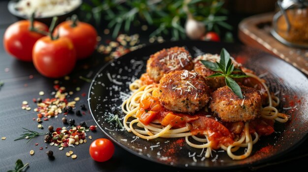 un piatto di cibo con polpette di carne e pomodori