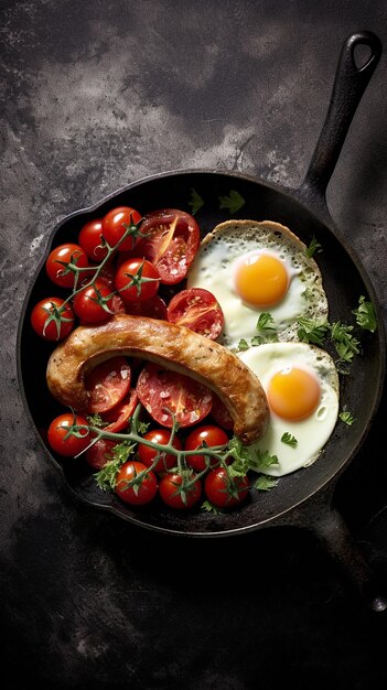 Un piatto di cibo con pomodori e uova