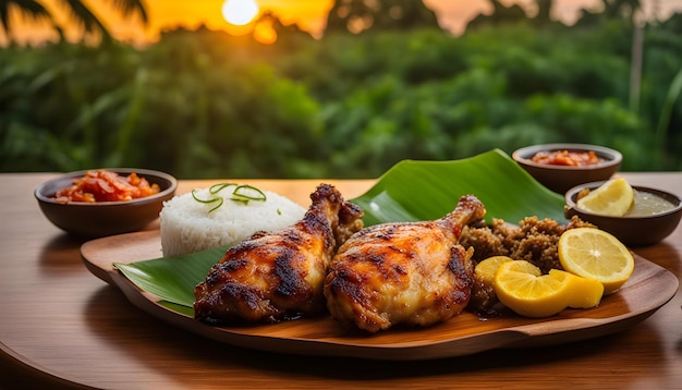 un piatto di cibo con riso di pollo e riso