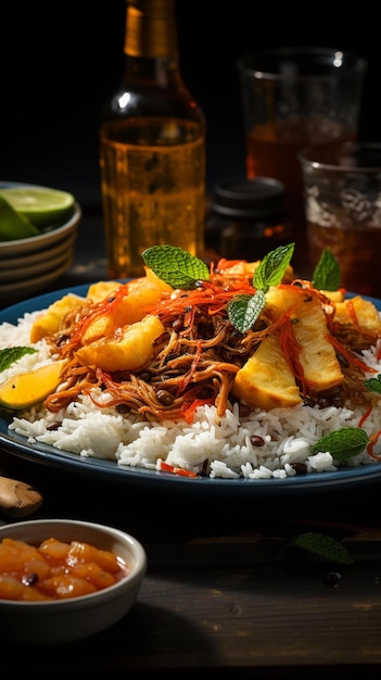 Un piatto di cibo con riso e verdure