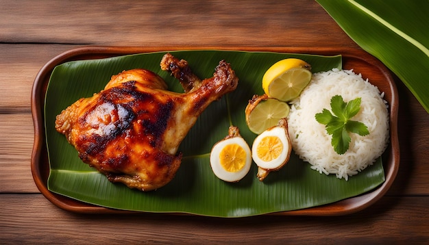 un piatto di cibo con riso, riso e un pollo