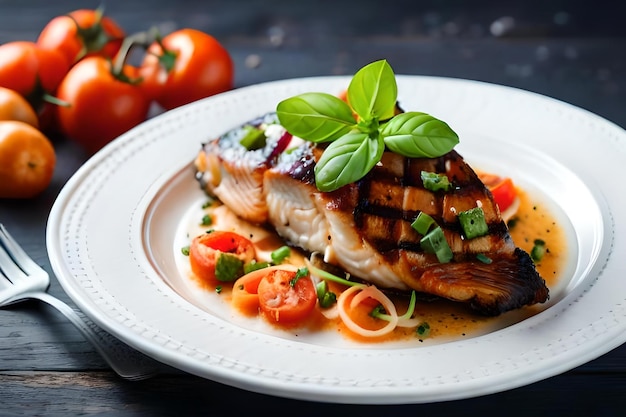 Un piatto di cibo con salmone alla griglia e pomodori