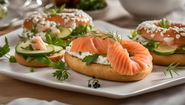 un piatto di cibo con salmone e crema di formaggio