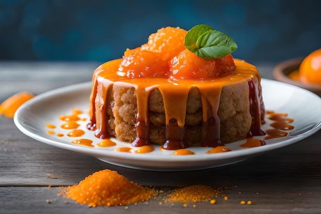 un piatto di cibo con salsa all'arancia e sopra una fetta di torta
