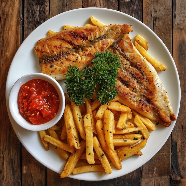 Un piatto di cibo con salsa e patatine fritte