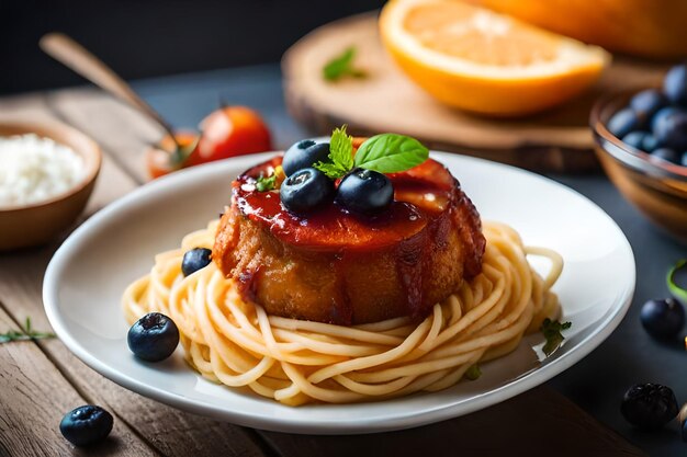 un piatto di cibo con sopra carne, formaggio e mirtilli