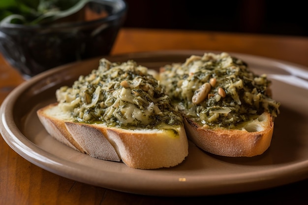 Un piatto di cibo con sopra del pane e sopra la parola spinaci.