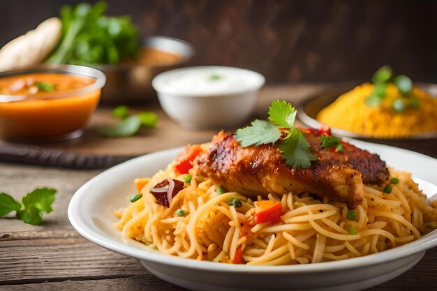 Un piatto di cibo con sopra spaghetti e carne