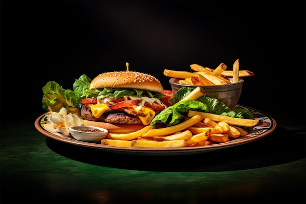 Un piatto di cibo con sopra un hamburger e patatine fritte