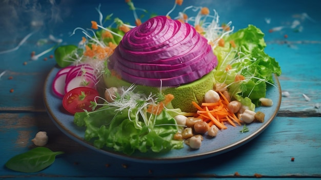 Un piatto di cibo con sopra un'insalata viola