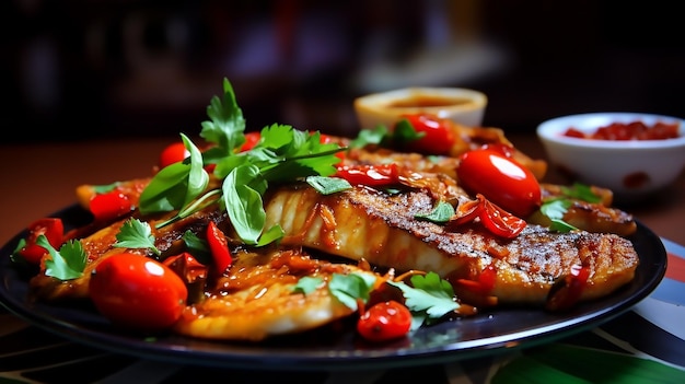 Un piatto di cibo con sopra un pesce alla griglia