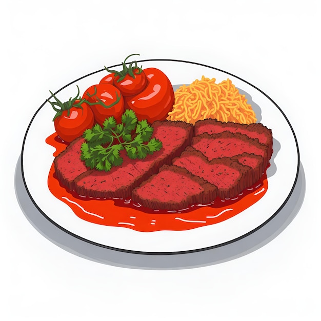 Un piatto di cibo con sopra un pezzo di carne e dei pomodori.