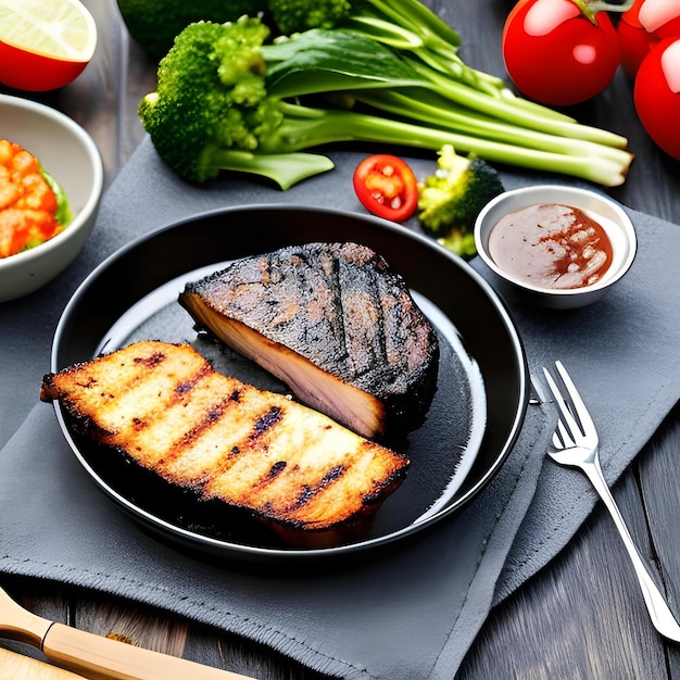 Un piatto di cibo con sopra un pezzo di carne e una ciotola di broccoli a lato.