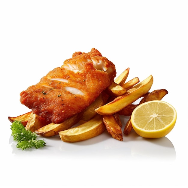 Un piatto di cibo con sopra un pezzo di fish and chips