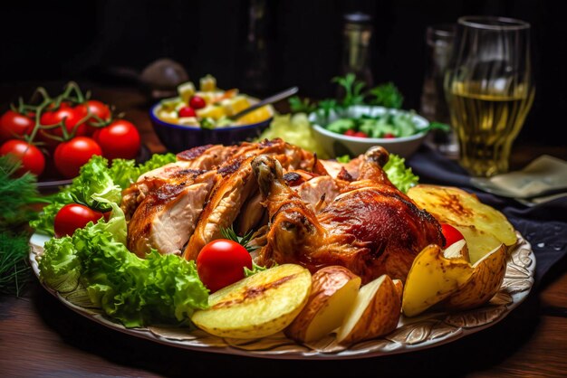 Un piatto di cibo con sopra un pollo arrosto