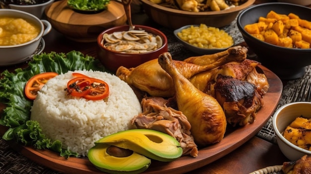 Un piatto di cibo con sopra un pollo e un avocado