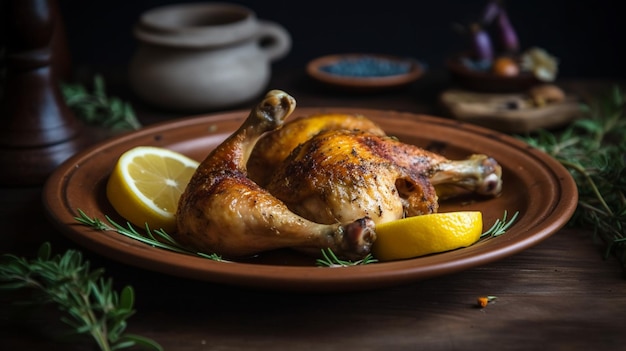 Un piatto di cibo con sopra un pollo