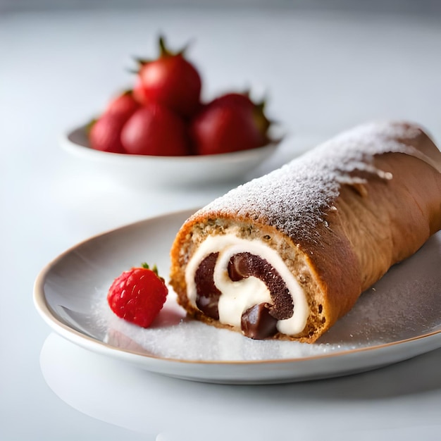 Un piatto di cibo con sopra un rotolo di crema e una fragola.